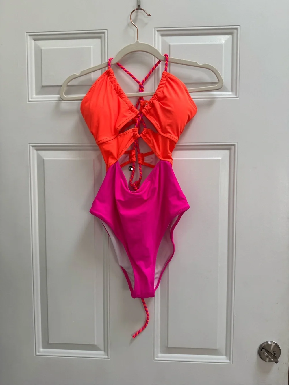 Neon Orange and Hot Pink One-Piece Swimsuit with Braided Straps